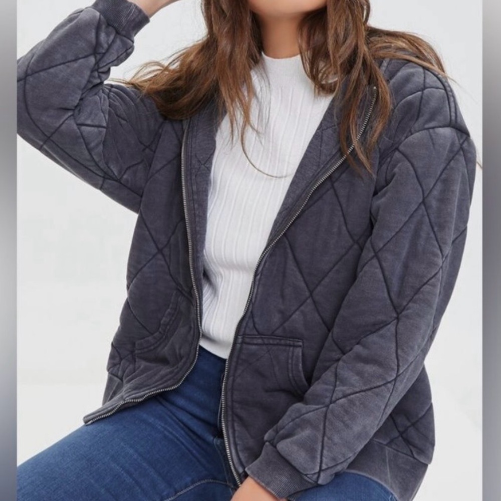 Forever 21 Quilted Mineral Wash Full Zip Hoodie Jacket - Picture 2 of 8